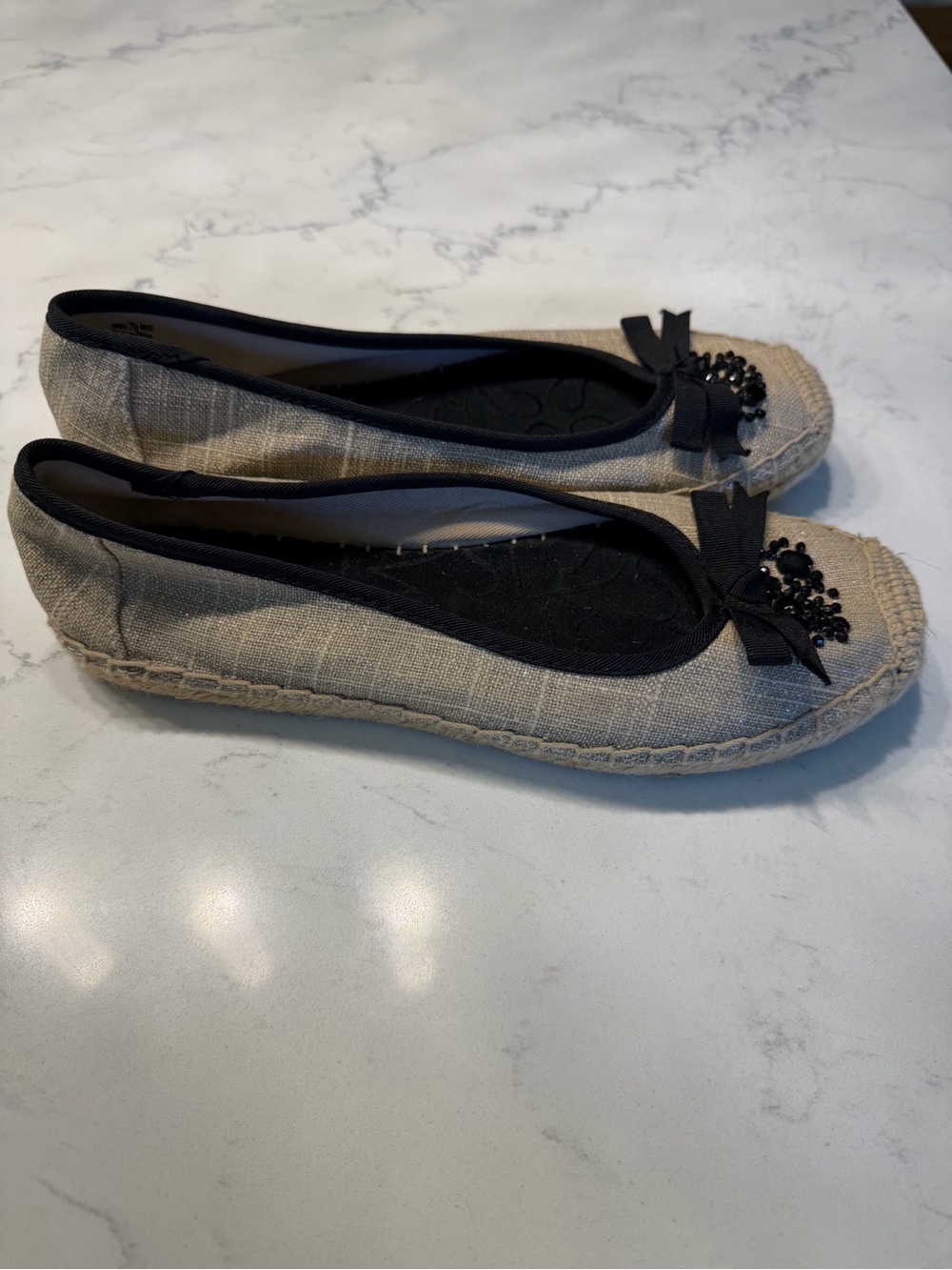 Women’s Neutral Espadrille Ballet Flats with Black Trim and Bow